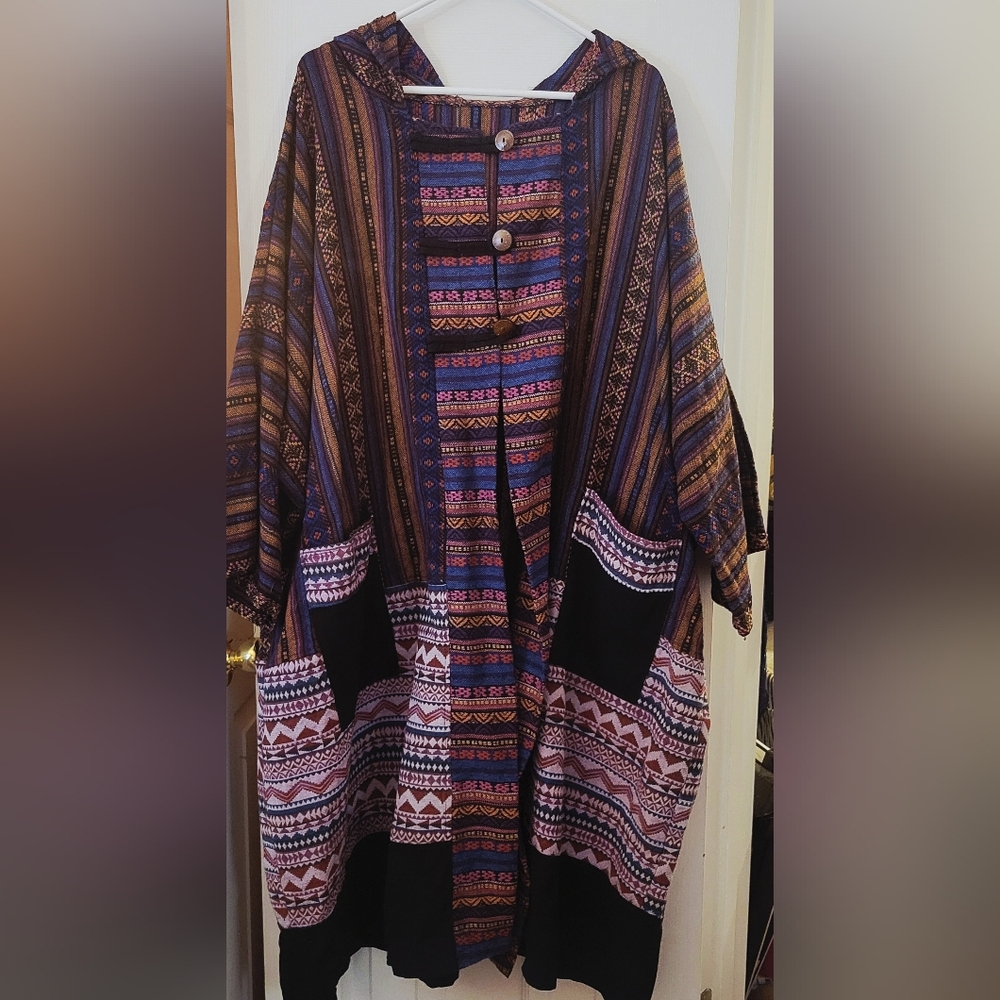 Colorful Patterned Hooded Poncho